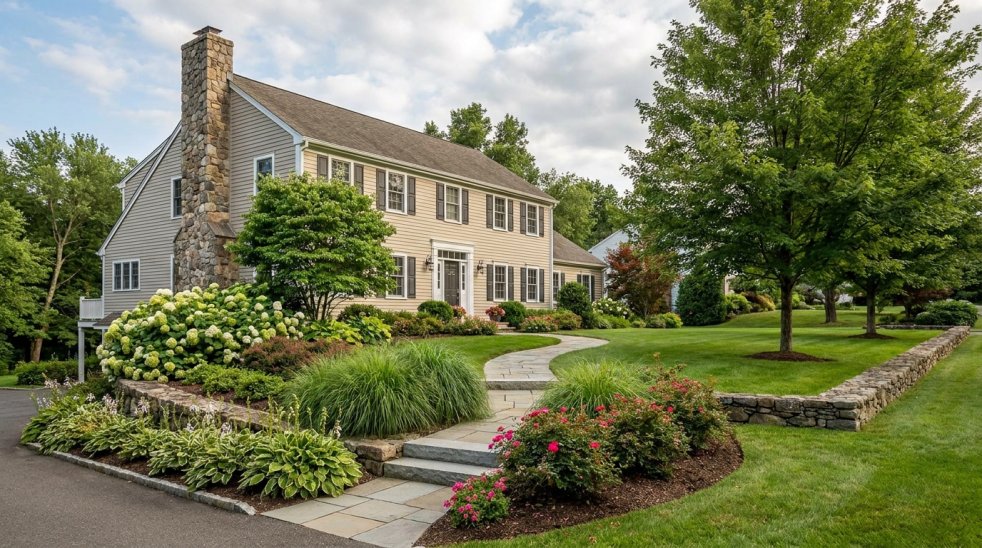 Landscaped suburban home with stone walkway, flower beds, and manicured lawn in New Milford, Connecticut